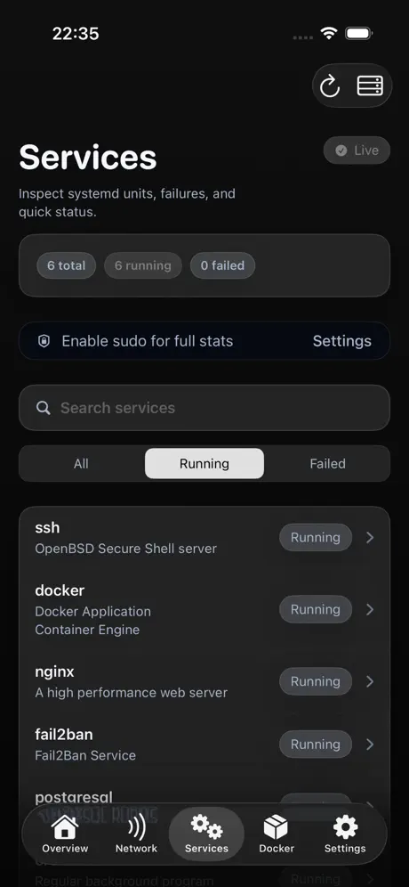 Nodex services screen